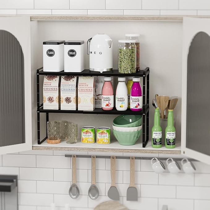 SANNO Expandable Kitchen Shelf Organizers, Stackable Cabinet Shelf Organizer Storage Rack, Countertop Organizer Kitchen Pantry Cupboard Pantry,Black, 10" W, 1 pack