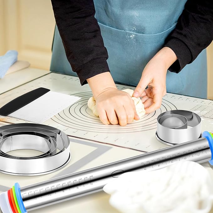 Dandat Rolling Pin with Adjustable Thickness Rings and Silicone Baking Pastry Mat Biscuit Cutter Bench Scraper Stainless Steel Dough Roller Rolling Pins for Baking Cookies Pie Pasta Pastries(Black)