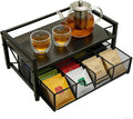 Tea Bag Organizer With Adjustable Drawer, Teabag Bar Holder Organizer For Counter, Wood ＆ Metal Station Storage Chest Display, Coffee Packet Containers Box For Countertop Kitchen Office Black