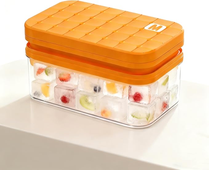 Effortless Ice Cube Tray, One-Second Release Ice Maker with Large Storage Bin and Ice Scoop, 2-Pack Stackable Silicone Trays Makes 56 Cubes, Odor-Free & Space-Saving for Cocktails & Coffee