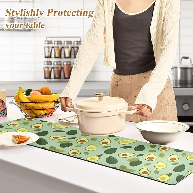 2-in-1 Table Runner Trivet for Hot Dishes Heat Resistant Hot Plate Mat Pad 39x12 Inch Waterproof Table Protector Trivets for Countertop Non Slip Decorative Green Cute Avocado and Leaves