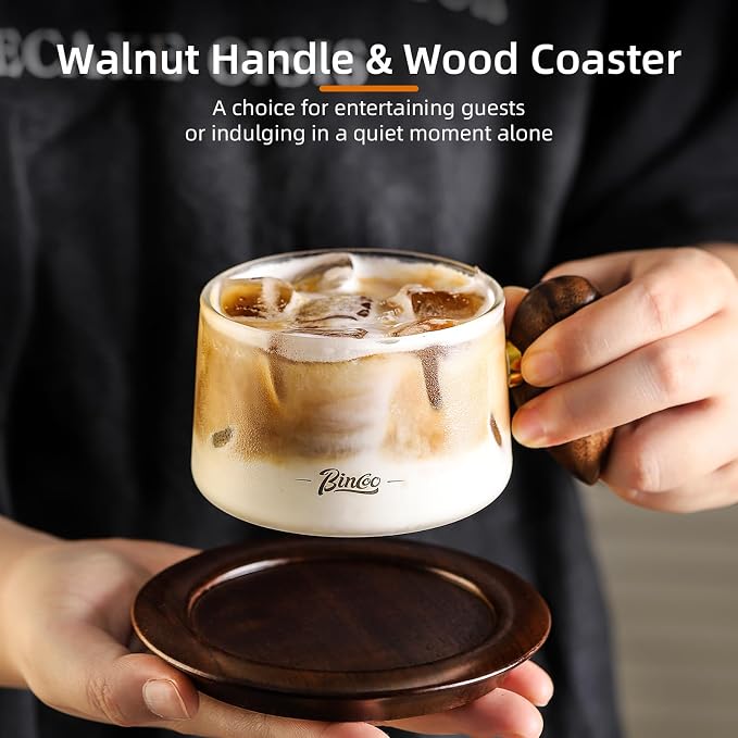 Bincoo Glass Coffee Cups and Saucers Set,250ML Clear Glass Iced Coffee Mug Espresso Cup Tea Cup with Walnut Coaster and Handle