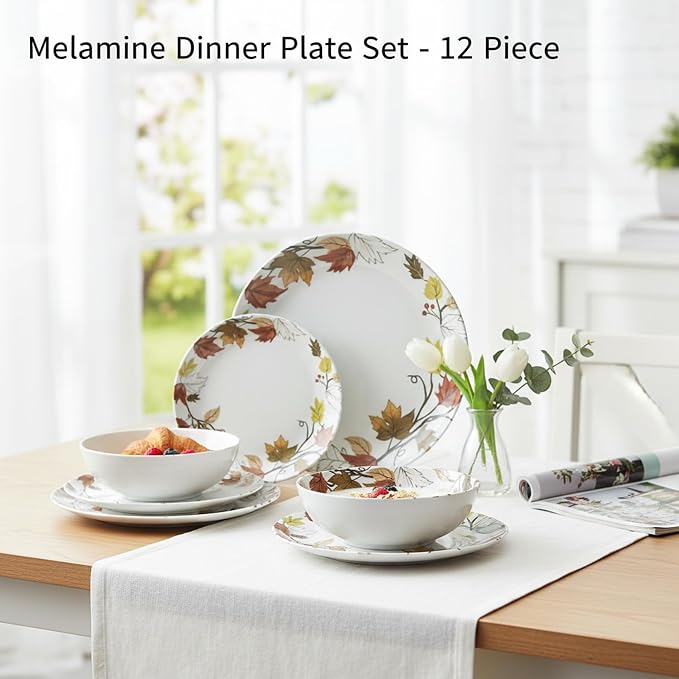 Melamine Dinnerware Sets 12 Pcs, Spring Party Plates and Bowls Sets, Camping Dishes Set for 4, Unbreakable, BPA Free, Dishwasher Safe（Yellow Maple Leaves）