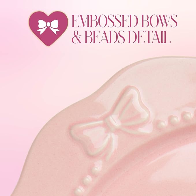 Paris Hilton 12-Piece Dinnerware Set, Embossed Bow Design, Iconic Ceramic Stoneware Service for 4 with Dinner Plates, Salad Plates, and Bowls, Microwave & Dishwasher Safe, Pink