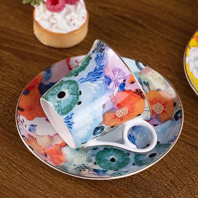 KAMMAK Tea Cups and Saucers Set of 2, Reinforced Porcelain Coffee Cups, 5.7-Ounce Stackable Espresso Mugs, Ceramic Demitasse for Coffee, Cappuccino, Latte, Americano, Tea, Coral + Bee Flower