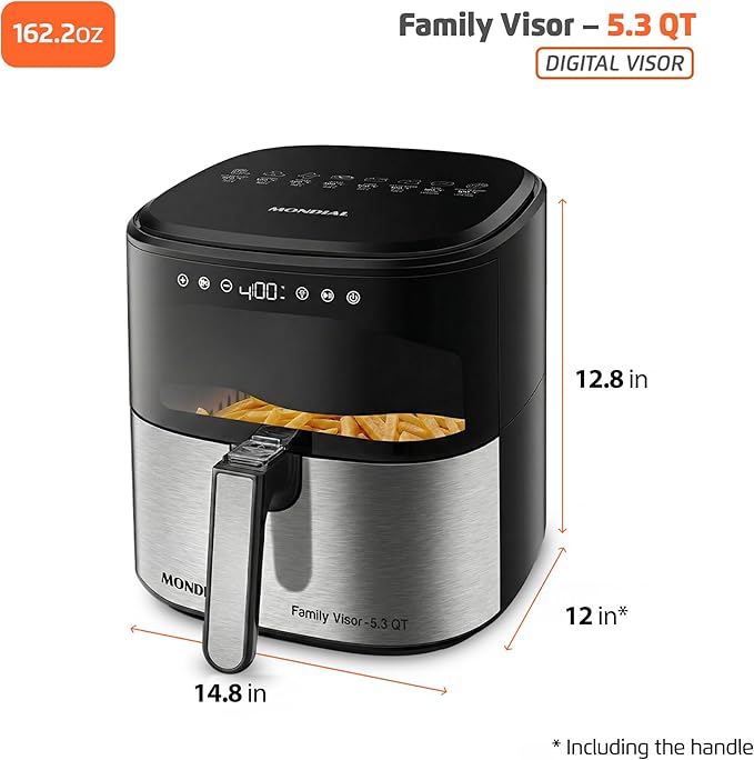 Mondial - Air Fryer Digital Visor Inox 5.3QT Capacity - High Power & Elegant Stainless Steel Finish - Black & Inox