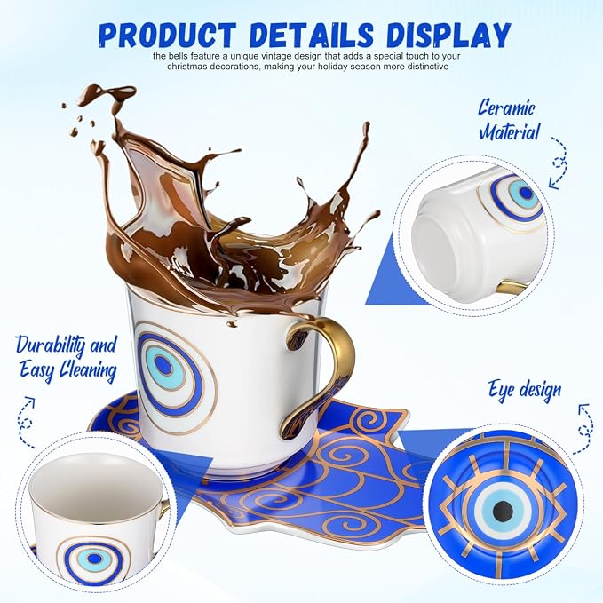 Zerodeko 2-Pack Evil Eye Porcelain Tea Mug Set with Saucer Microwave & Dishwasher Safe Ceramic Cups for Home Office Anti-Scald Handle 4.13X5.90X2.95In Decorative Coffee Cups for Relaxing Tea Time