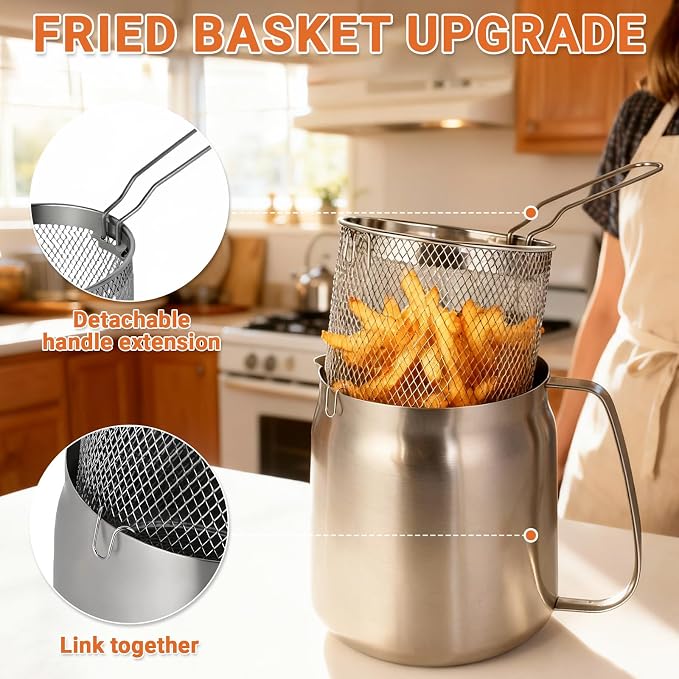 119oz Stainless Steel Deep Fryer Pot with Basket and Oil Strainer, Multifunctional Deep Frying, Small Stove Top deep fry for Kitchen and Camping, Steel Pour Pot for French Fries, Chicken (3.5L)