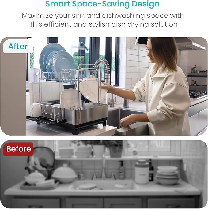 Home Zone Living Large 2-Tier Stainless Steel Dish Drying Rack with Drain Pipe and Utensil Holders