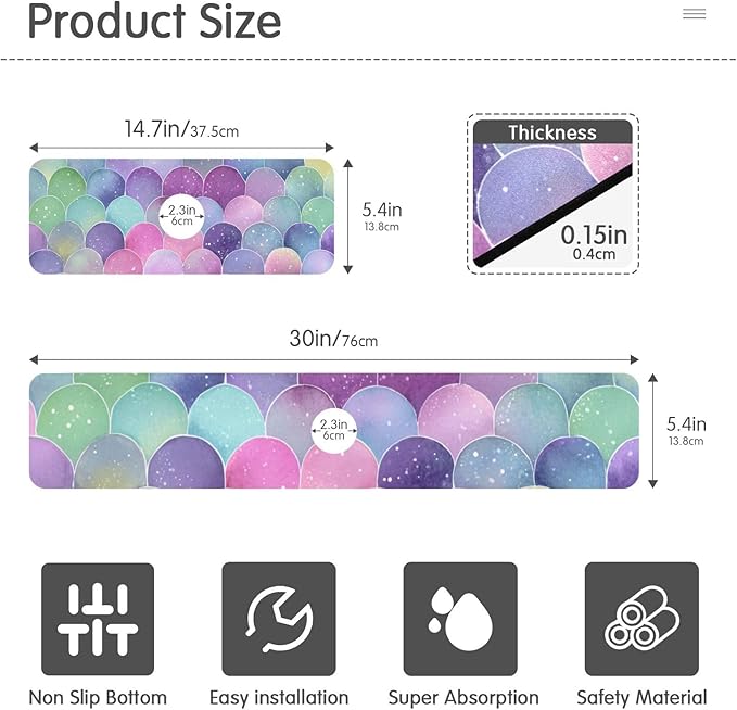 Kitchen Sink Splash Guard 2 PCS 30 Inch Sink Faucet Mat Splash Guard for Bathroom Countertop Water Absorbent Foldable Cuttable Soft Washable Watercolor Mermaid Scales Colors