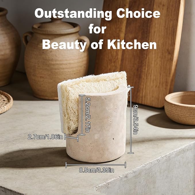 Natural Travertine Sponge Holder for Kitchen Sink Counter w A Plant-Based Kitchen Sponge, Fast Drying, Durable, Compact, Wabi-Sabi & Unique Sponge Caddy, Sink Organizer, Beige Travertine Home Decor
