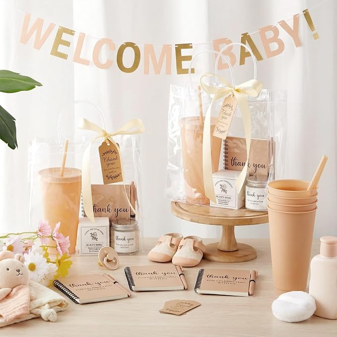 Nuogo 6 Sets New Parent Shower Prizes for Player Winners Adult, Wedding Bridal Shower Gift, Plastic Tumbler Notebook Scented Candle Ballpoint Pen Bag (Neutral,Classic Style)
