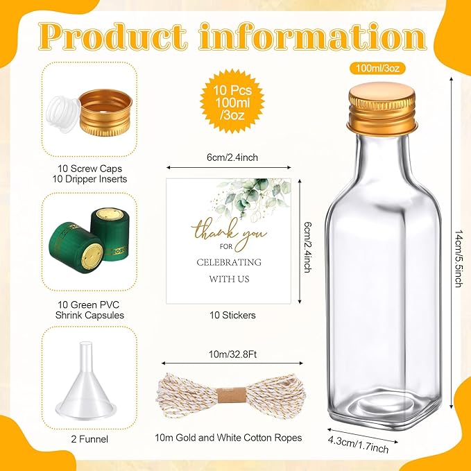 Reallnaive 10 Pack 3 oz Mini Glass Olive Oil Bottles Set, Homemade Wedding Sauce Gift Bottles Leakproof Screw Cap, Thank You Wedding Stickers for Storing Oil Honey Bridal Baby Shower Favors (Green)