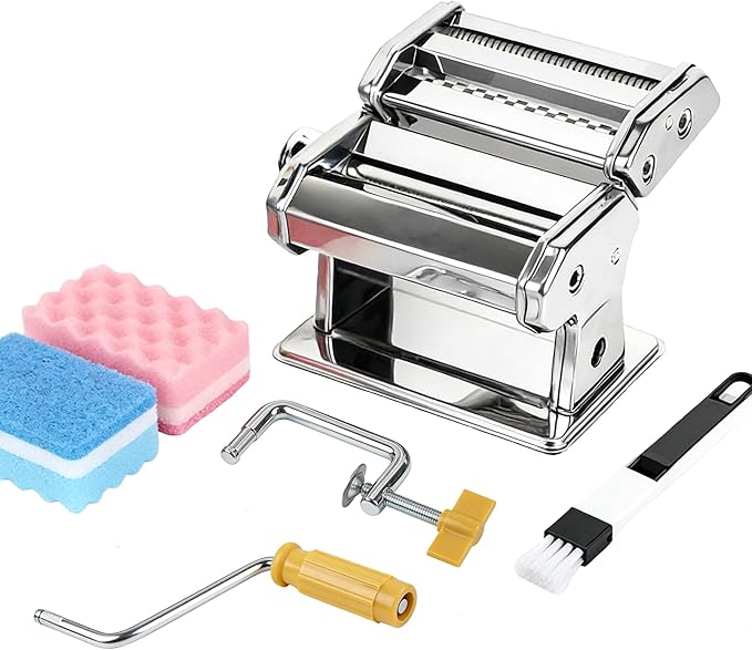 Pasta Maker Machine With 7 Adjustable Thickness Settings, Stainless Steel Manual Noodle Maker,Pasta Roller& Cutters With Removable Handle and Clamp For Kitchen (G-1380+Brush + Sponge)
