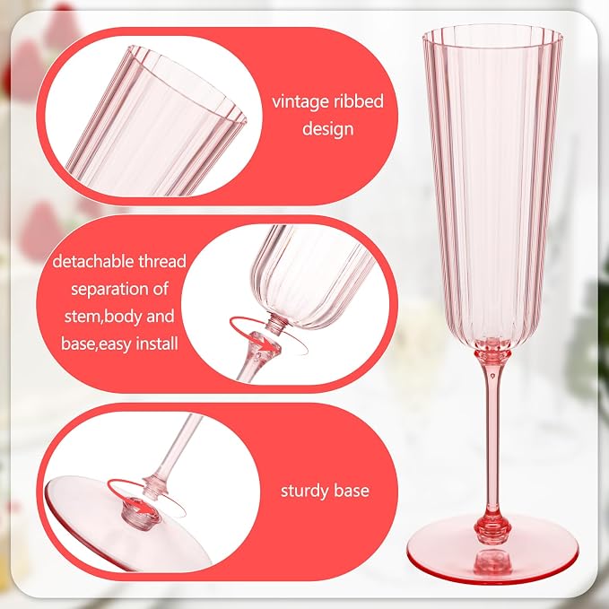 Jingmore 12 Pcs Plastic Ribbed Champagne Flutes With Stem, 6.4 oz Clear Vintage Disposable Champagne Glasses for Wedding Birthday Anniversary (Pink)