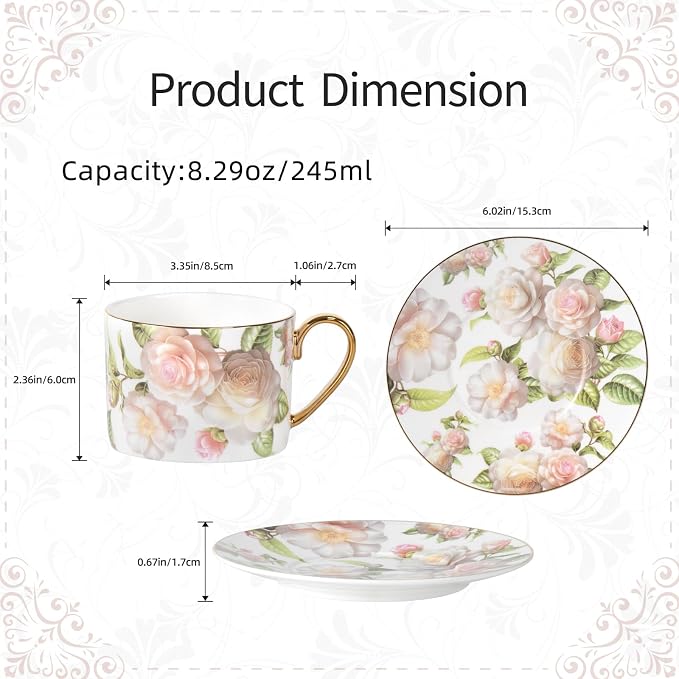 KAMMAK Tea Cups and Saucers Set of 2, Porcelain Coffee Cups, Stackable Espresso Mugs, Ceramic Demitasse for Coffee, Cappuccino, Latte, Americano, Tea, White Rose