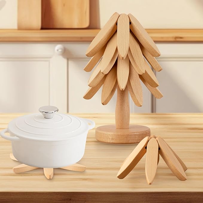 Vertdens Wooden Trivets for Hot Dishes, Hot Dish Coaster with Tree-Shaped Wood Collapsible Hot Pad Trivet Tree for Restaurant, 4 Wooden Trivet + 1 Stand（Beech Wood）