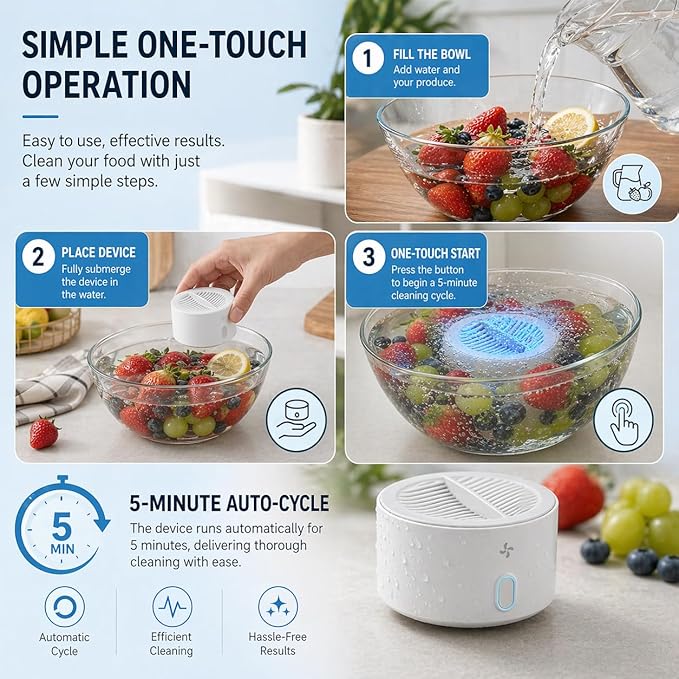 Best Ultrasonic Vegetable Cleaner, Veggie Cleaning Machine, Deep Cleaning Surface Residues, Ipx7 Waterproof Cordless Device for Berries Meat (1pcs)