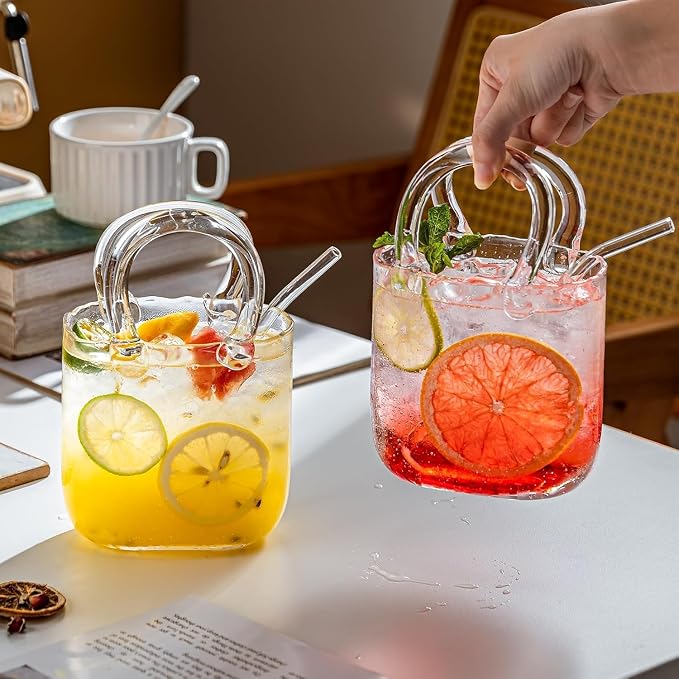 Glass Purse for Drinks Set of 4,24oz Unique Funky Thick Wine Glasses Gifts for Women Party,Fish Bowl Vase,Creative Unique Drinking Glass for Fruit Juice,Tea,Flowers (Bubbled)
