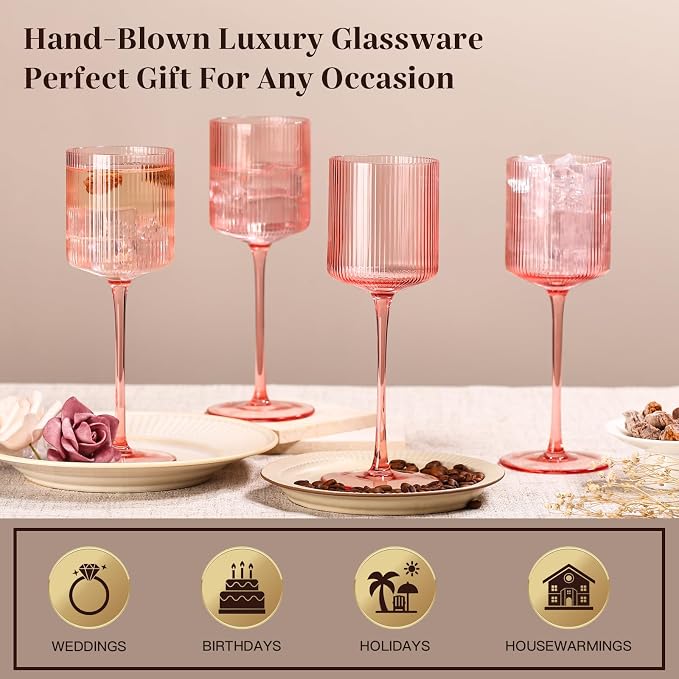 Pink Square Wine Glasses Set of 6, Elegant Ribbed Design Colored Crystal Glassware with Long Stem, 11.5oz Hand Blown Stemware For Red & White Wine Home Bar Party