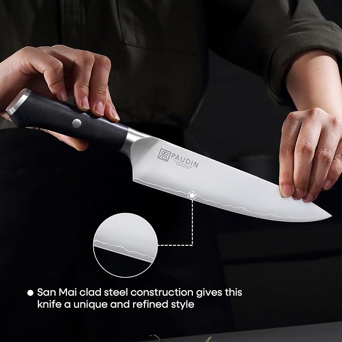 PAUDIN Kitchen Knife Set, Ultra-Sharp Damascus Clad Steel Knives for Meat and Vegetables, Ergonomic Wooden Handle,62 HRC Modern Kitchen Chef Knife Set for Cooking,BBQ,Meal Prep,Gifts for Men and Women