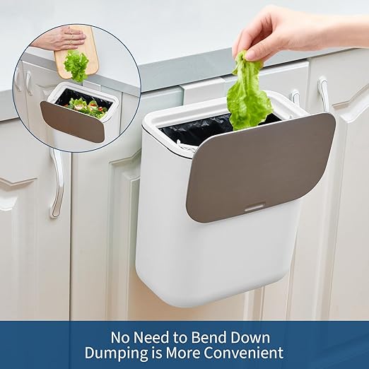 Hanging Kitchen Trash Can with Lid - 2.4 Gallon Small Compost Bin for Cabinet Door, Under Sink - Odor-Sealing Stainless Steel Top Food Waste Bin for RV, Bathroom, Office - Indoor Recycling Bin