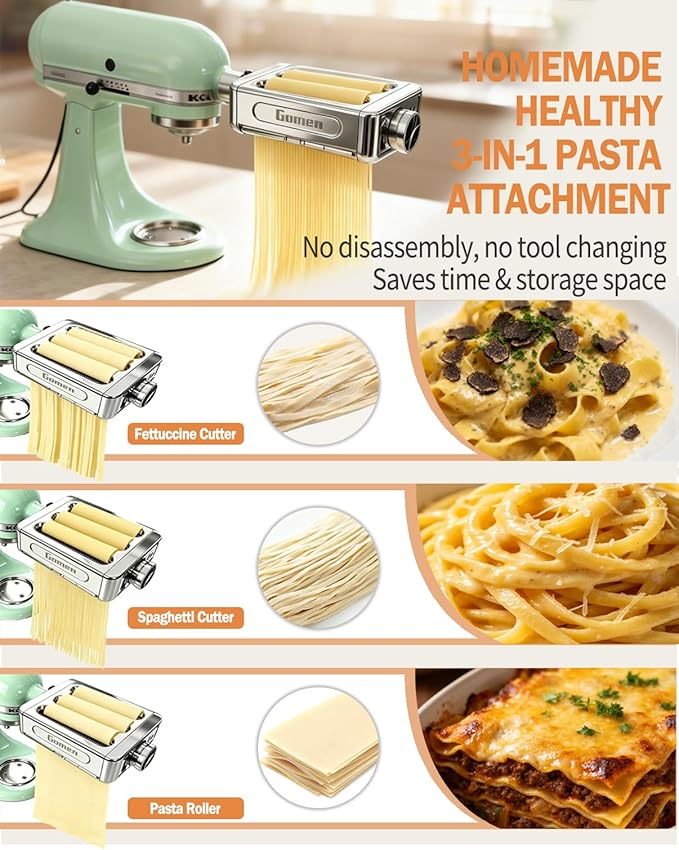 All Metal 3 In 1 Pasta Attachment for Kitchenaid Stand Mixer, Heavy Duty Pasta Maker Machine with Roller & Cutter Set, Noodle Accessories for Fresh Homemade Pasta, Spaghetti & Fettuccine