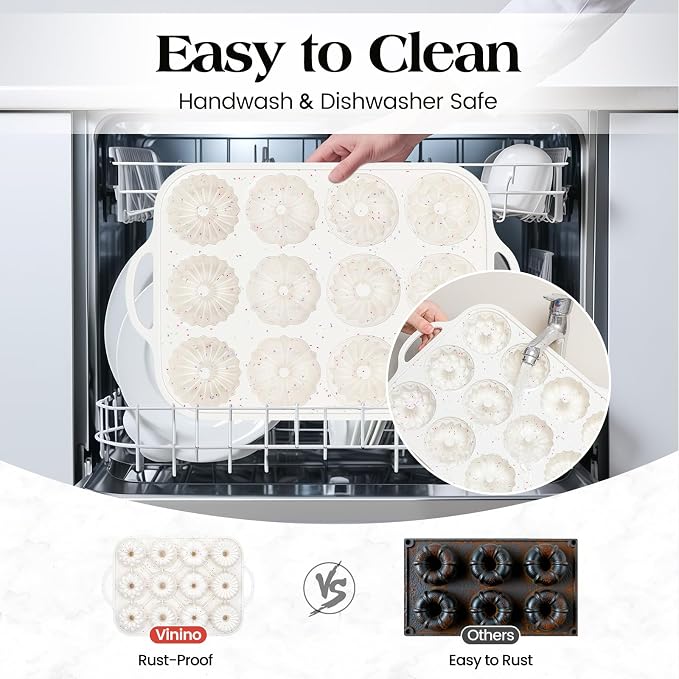 Vinino 3 Inch Silicone Mini Fluted Tube Cake Pan with Metal Reinforced Frame, 4 Different Shapes, 12-Cavity Mini Flan Mold, Nonstick Baking Pan for Mini Donuts, Jello, Pudding, Brownies, 2 Pack
