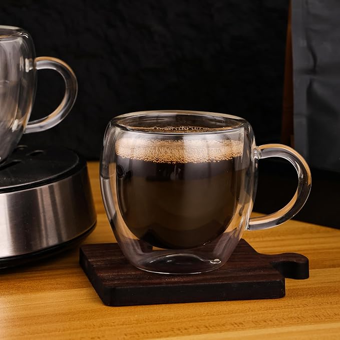 Espresso Cups Set of 4 with Handle, 2.5oz Expresso Coffee Cup, Small Expresso Shot Glasses, Clear Double Wall Insulated Espresso Mugs,Tazas de Cafe Expreso, Suit for Espresso Machine Accessories