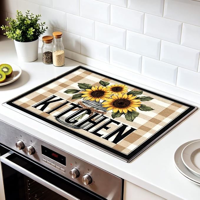 Stove Top Cover 28.35 x 20.47 Inch Sunflower Jar Kitchen Design Decorative Kitchen Stove Cover Countertop Protector with Rustic Floral Artwork for Farmhouse Home Décor and Cozy Cooking Space Styling