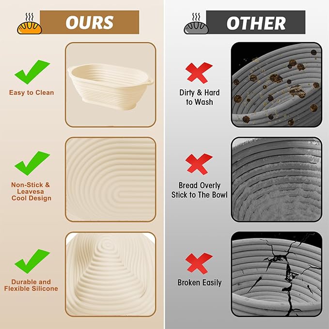 4 Pcs 10" Oval Upgraded Silicone Banneton with Handles | Foldable Bread Proofing Basket, Reinforced Rim Support, Bowls for Sourdough Bread Baking, Oven & Dishwasher Safe-BPA Free