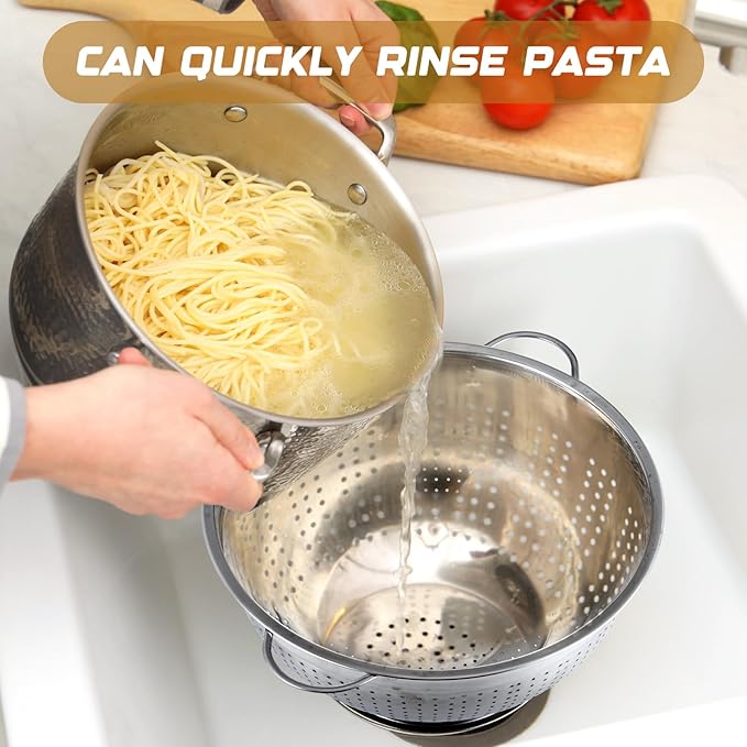 Maxdot 2 Pack 8 Quart Heavy Duty Stainless Steel Colander with Footed Base and Handles Pasta Spaghetti Berry Fruit Vegetable Kitchen Food Strainer Basket