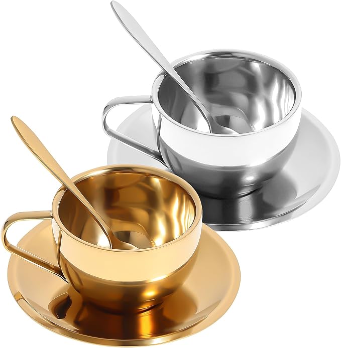 Hemoton Stainless Steel Coffee Cup Set with Saucer and Spoon 2-Piece 4.13X3.14X2.16In European Style Tea Mugs 304 Material for Home Cafe Party