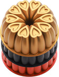 Heart Shape Cast Aluminum Molded Cake Pan, Titanium Coating, Non-Stick, 12 Cups, 10 Inch Pound Pan intended for Bundt Cakes, Gifts for Mom, Fluted Tube, Easy to Clean (3-Pack, Gold-Black-Red)