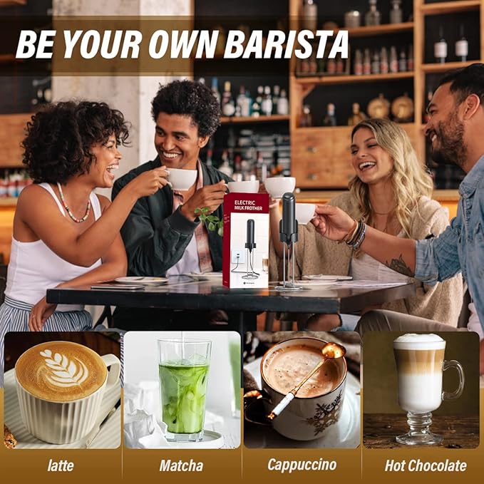 Rechargeable Milk Frother Handheld for Coffee, Stirrers Electric Whisk with Wall Mounted Stand, Drink Mixer Hand Frother Wand for Coffee, Matcha, Frappe, Hot Chocolate and Lattes(Black)