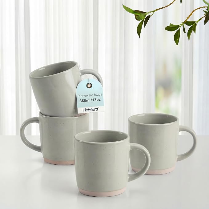 HaWare 13OZ Coffee Mugs Set of 4, Stoneware Coffee Cups, Ceramic Latte Mug for Man, Woman, Modern Tea Mugs for Latte/Cappuccino/Cocoa/Milk, Dishwasher& Microwave Safe, Speckled Asparagus Green