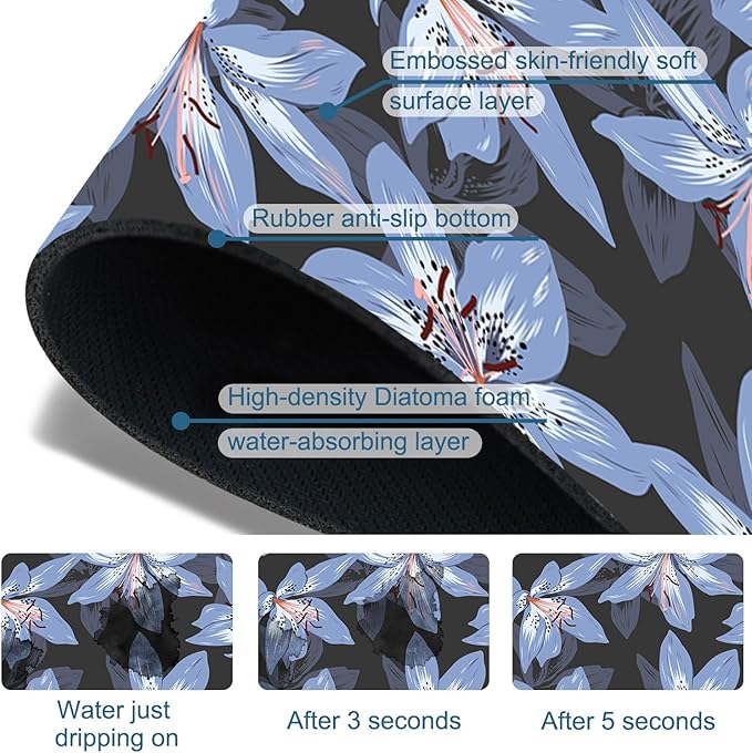 Blooming Lily Sink Splash Guard Faucet Mat Blue Lily Flowers Super Absorbent Fast Drying Mat Sink Gadgets-Splash Guard Behind Faucet Drip Catcher for Kitchen Bathroom, 23.5"x5.5"