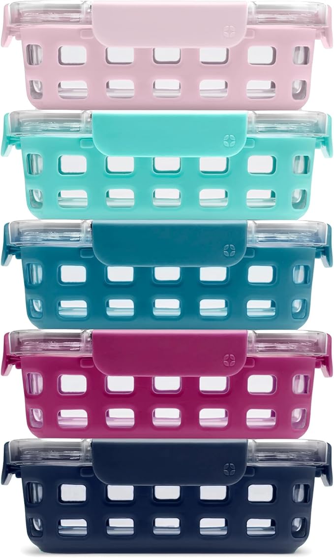 Ello Duraglass 3.4 Cup Meal Prep Sets 10Pc, 5 Pack Set- Glass Food Storage Container with Silicone Sleeve and Airtight BPA-Free Plastic Lids, Dishwasher, Microwave, and Freezer Safe, Evening Orchard