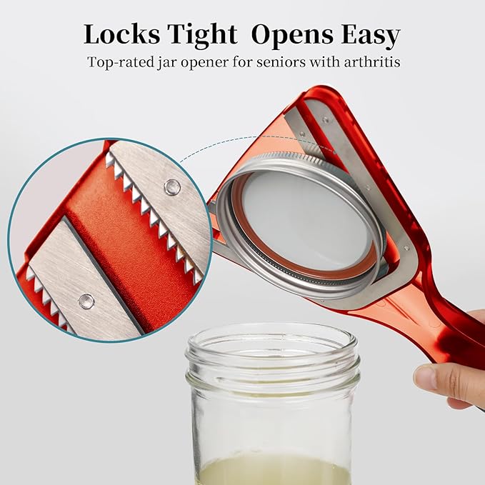 Jar Opener for Weak Hands & Seniors with Arthritis, Easy Twist-Off Lid & Bottle Opener, Ergonomic Handle with Stainless Steel Teeth, Practical Kitchen Gift for Elderly, Women & Men (0.2–5.3 in, Red)