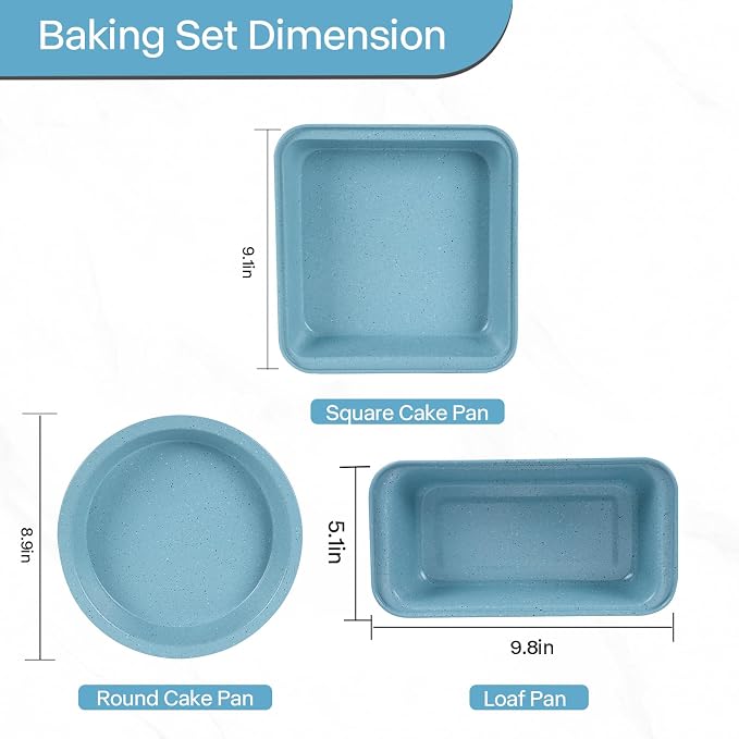 6-Piece Nonstick Cake Baking Set, Blue — Round Pie Pans, Loaf Pan, Muffin Pan & Square Cake Pan, Stackable Carbon Steel Bakeware for Beginner Bakers, Oven Safe