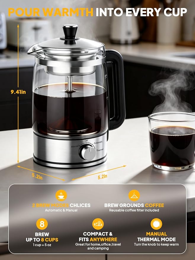 Horavie 8-Cup Electric Percolator Coffee Maker – Borosilicate Glass Carafe, Stainless Steel Filter, Auto or Manual Brew, Manual Keep Warm, Black