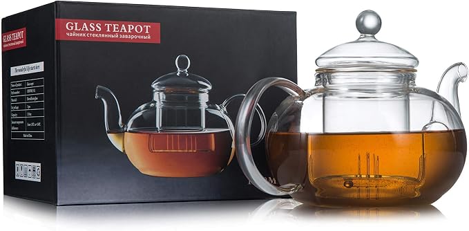CNGLASS 20.3oz Glass Teapot Stovetop Safe and 10oz(2-pack) Double Wall Glass Mugs