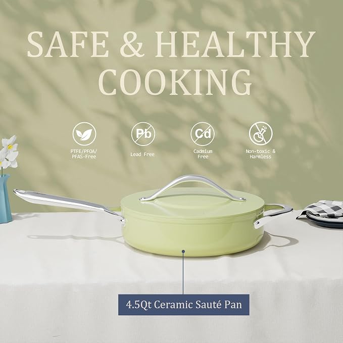 Healthy Ceramic Nonstick Cookware Set-11″ 4.5qt Non-Toxic Ceramic Sauté Pan w/ Lid & 10″ Nonstick Ceramic Frying Skillet, PTFE/PFOA/PFAS Free, Oven & Dishwasher Safe, All Cooktops Compatible, Even Hea