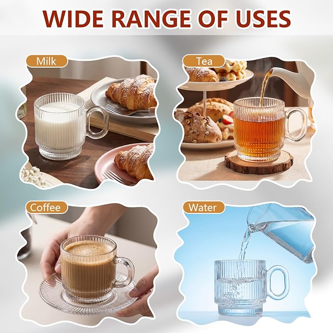 6 Sets of Glass Tea Cups with Saucers Vintage Coffee Mugs 5.6 oz Clear Espresso Cup with Handle Embossed Glassware for Hot Cold Beverages Americano Cappuccino Latte Tea