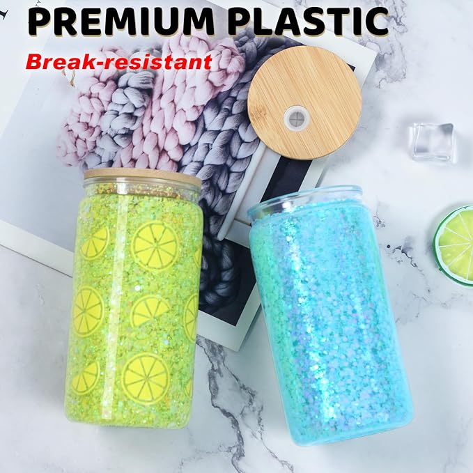 16 Oz Acrylic Snowglobe Tumbler, 20 Pack Pre-Drilled Double Wall Plastic Clear Cup for Glitter Snow Globe Diy, Double Wall Plastic Snowglobe Cup with Bamboo Lid