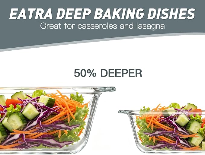6-Piece Extra-Deep Glass Baking Dish Set with Lids, Rectangular Glass Bakeware Set, Baking Pans for Lasagna, Kitchen, Casserole Dishes for Oven, Freezer-to-Oven and Dishwasher