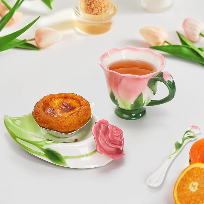 Cididu Pink Tea Cups with Saucer and Spoon, 4.5 Oz Small Ceramic Rose Flower Tea Cup Set for Women Girls, Hand Crafted Vintage Coffee Latte Mug, Fancy Teaware for Mother's Day, Birthday Gift, Wedding