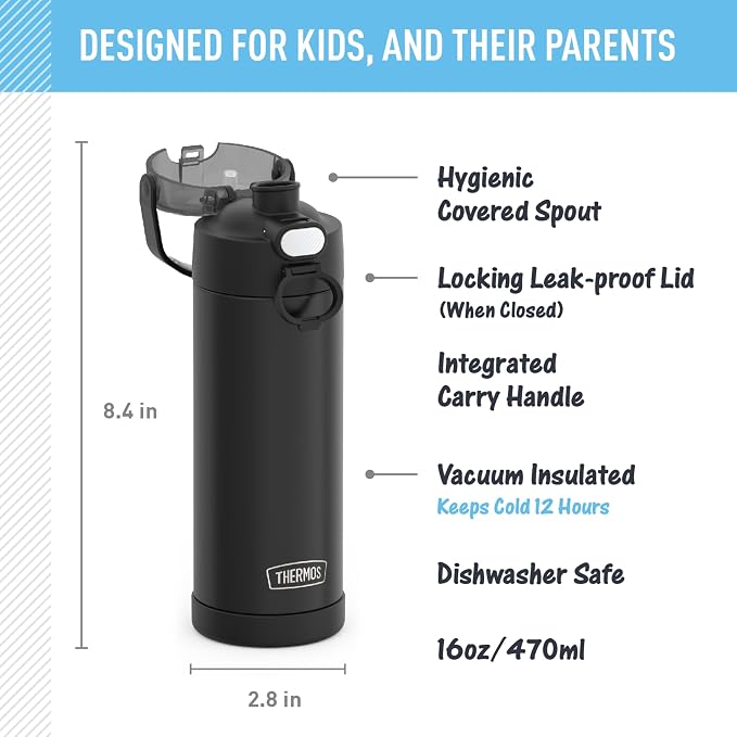THERMOS FUNTAINER 16 Ounce Stainless Steel Vacuum Insulated Bottle with Wide Spout Lid, Black Matte