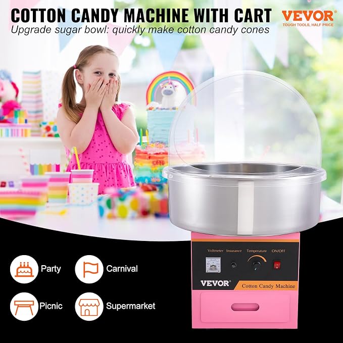 VEVOR Electric Cotton Candy Machine with Cover, 1000W Commercial Floss Maker w/Stainless Steel Bowl, Sugar Scoop and Drawer, Perfect for Home, Carnival, Kids Birthday, Family Party, Pink
