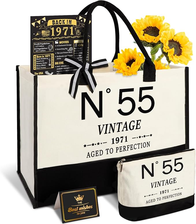 YeohJoy 55th Birthday Gifts for Women Canvas Tote Bag Travel Gear,Unique 55 Years Old Gifts for Wife Mom Sister Aunt Friends Her, Vintage N°55 Handbag & Cosmetic Bag & Back in 1971 Poster